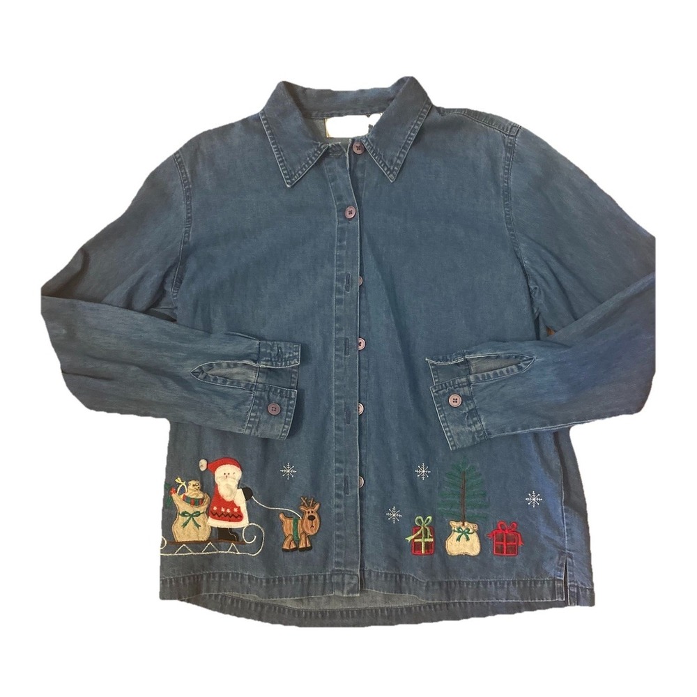 Lemon Grass  Shirt Christmas Embroidery Sz‎ M Denim Santa Ugly Christmas Shirt